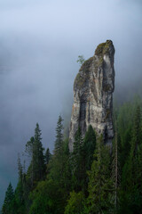 Majestic rock formation rises above dense evergreen forest, shrouded in mist, creating a serene and...