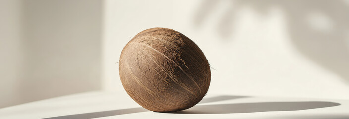Whole Coconut with Rough Outer Shell on Light Background with Ample Text Space