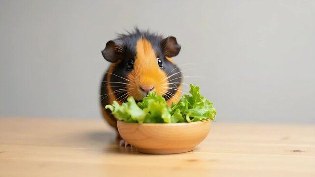 Guinea pig with fresh lettuce in wooden bowl, little pet eating green salad on table. Guinea pig enjoys its tasty and healthy fresh meal, and is full of vitamins.