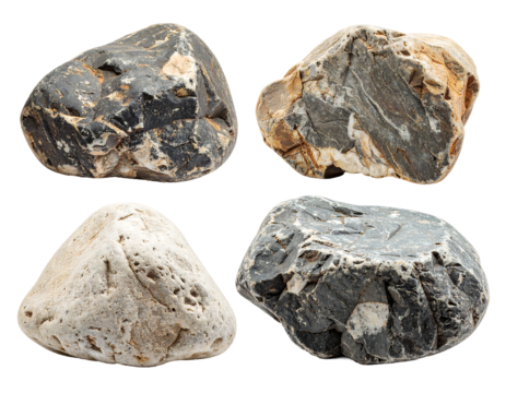 Flint Stones: Close-Up Photography of Four Rough, Grey and White Chert Specimens PNG, Transparent Background.