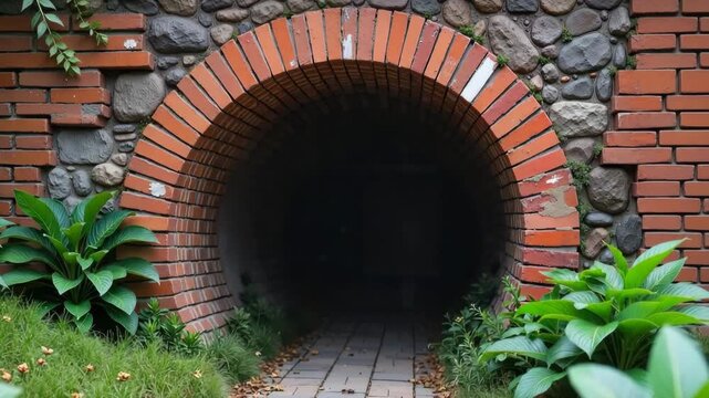 Brick tunnel entrance with archway and stone details. Interesting brick tunnel with symmetrical brickwork and an arched entryway. Brick tunnel pathway leading into darkness,
