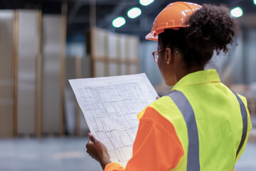 Female engineer examining blueprint in warehouse: implementing innovative solutions