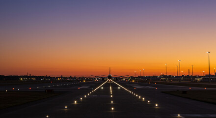 Airplane on runway at dusk with orange and purple sky and runway lights shining
