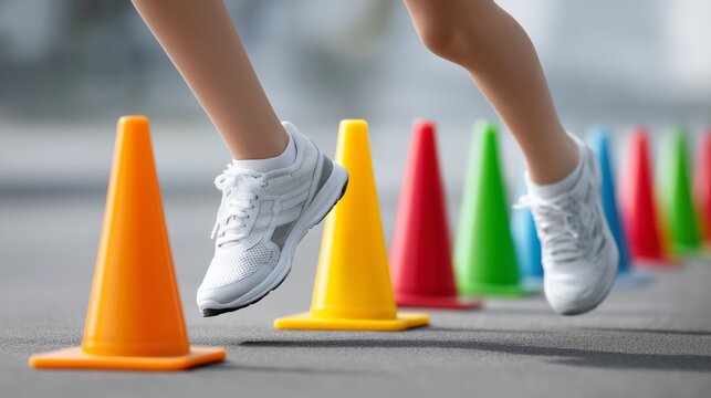 Child running through colorful cones on asphalt during outdoor activity or training exercise improving agility and coordination skills, Generative AI