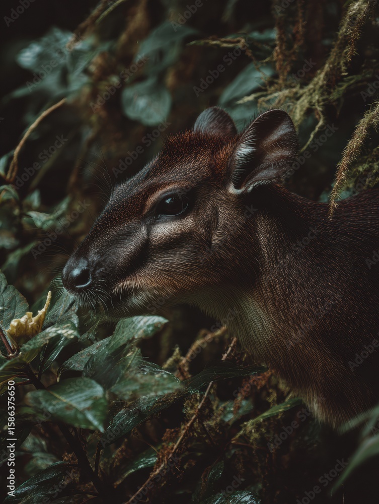 Poster paca chewing fruit in a dim forest environment with minimal background and upper space blank