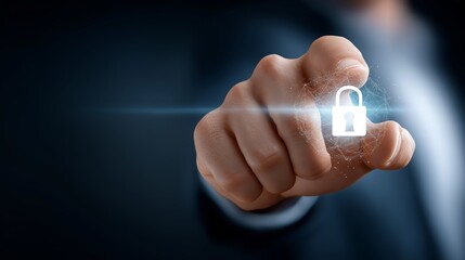 Business finger tapping digital glowing lock icon on virtual interface to access secured digital content representing cybersecurity concept, Generative AI