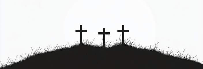 Silhouette of Three Easter Crosses on a Hill, Black and White, Simple Vector