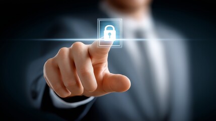 Business finger tapping digital glowing lock icon on virtual interface to access secured digital content representing cybersecurity concept, Generative AI
