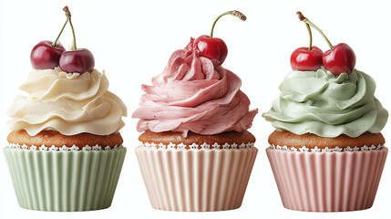Stack of three cupcakes with different frosting colors and cherries on top, cute bakery PNG, transparent background