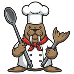 Delightful Walrus Chef Mascot with Spoon and Whisk – Perfect for Restaurants, Food Blogs, Culinary Schools, and Delicious Food-Related Brands.