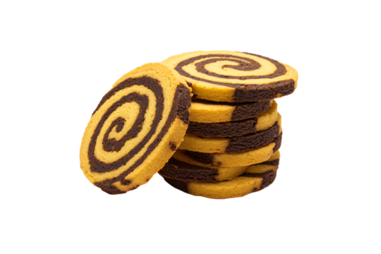 a stack of cookies with chocolate swirls on top