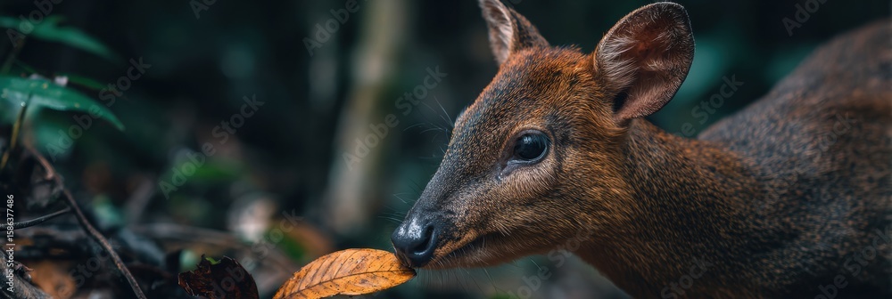 Poster paca chewing fruit in a dim forest with minimal background and upper space blank