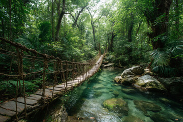 Tropical jungle footbridge made from rope and wood, stretching over clear stream, surrounded by dense foliage