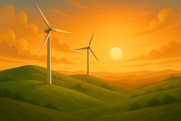 Obraz premium Wind turbines on rolling hills during a vibrant sunset