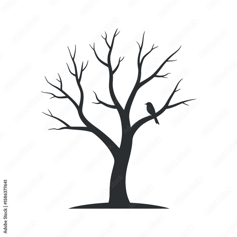 Poster silhouette of a bare tree with a bird perched on a branch against a white background depicting natur