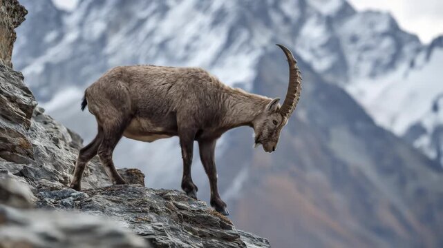 Alpine ibex navigating rocky terrain in the mountains