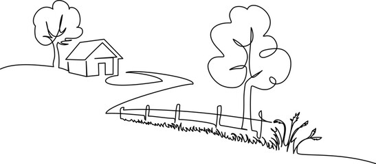 Rural landscape. Village with road and house. Wooden fence along the road.