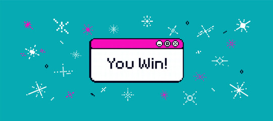 Pixel game background with text "you win". 8bit sparkle,  confetti, sticker. Congratulation banner for winner, 90s vibe.