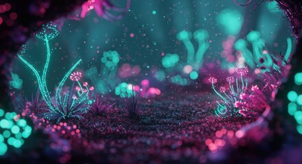 Abstract, glowing plants and fungi in a vibrant, otherworldly cave-like space.