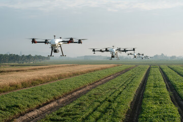 dynamic aerial scene showcasing modern agricultural drones in action efficiently monitoring vast fields