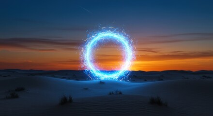 Glowing blue energy ring portal in a desert sunset.