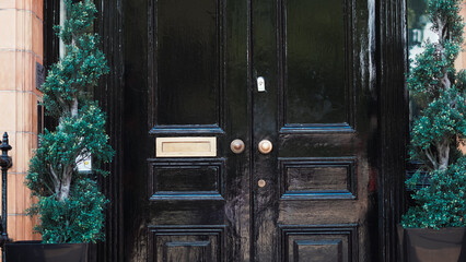 Close up of black English door with metal mail slot and architectural details