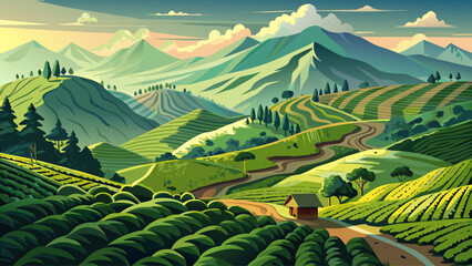 Himalayan Foothills, Darjeeling, India – Verdant tea plantations blanket the hills. The distant peaks of the Himalayas loom above, forming a serene and layered vector composition of lush nature.