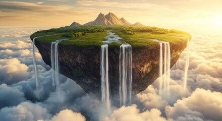 A surreal floating island with waterfalls cascading into a sea of clouds.