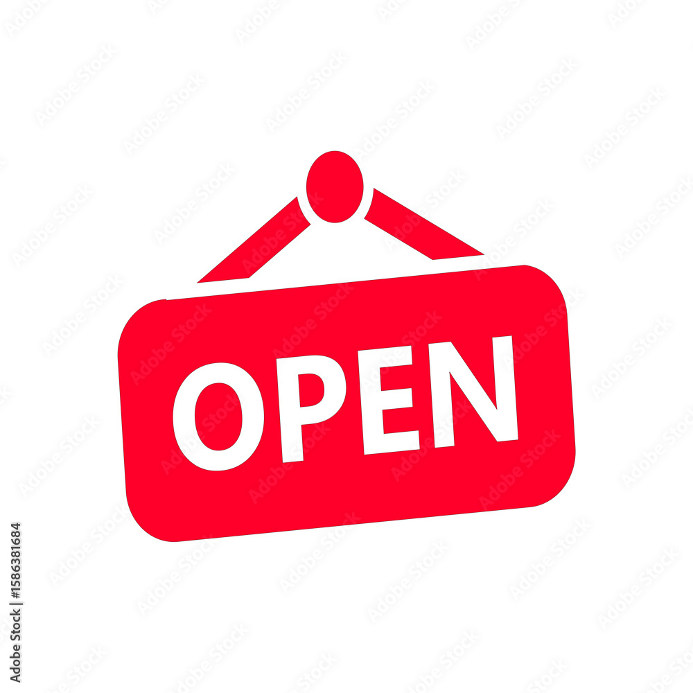 Poster red open sign icon on transparent background for business websites or storefronts, indicating availa