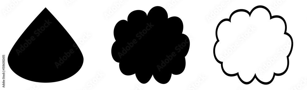Poster set of three abstract black shapes on transparent background, including a triangle, blob, and outlin