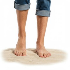 Man standing barefoot on sand with rolled-up jeans on a beach