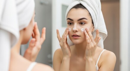 A young woman applies face cream in front of a mirror, reflecting her skincare routine