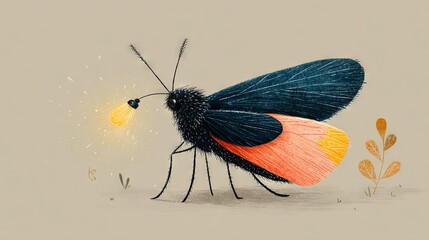  Blue-orange butterfly with yellow light from its wings against beige background
