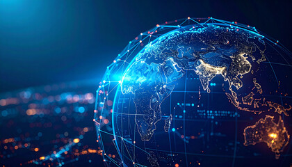 Fototapeta premium Global Connection: A dazzling visual representation of our interconnected world, showcasing a luminous globe encircled by a network of data connections and digital nodes.