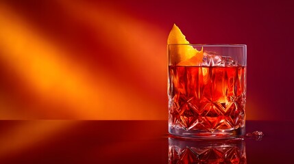 Classic negroni cocktail served in crystal glass with orange peel garnish