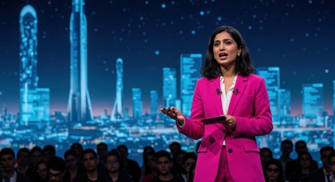 A woman in a pink suit presents on stage with a futuristic city skyline projected behind her. - Powered by Adobe