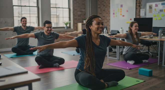Diverse employees engaging in a calming office yoga session promoting wellness and stress reduction among professionals in a modern workspace environment