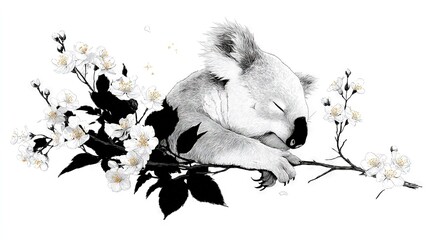  Koala sleeping on tree branch with white flowers
