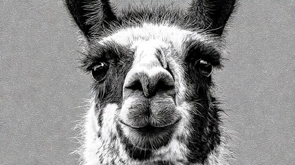   A black-and-white photo of a llama's close-up face