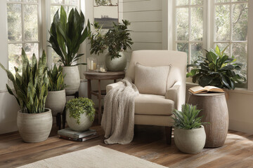 Fototapeta premium cozy reading nook adorned with vibrant green plants perfectly lit by natural sunlight