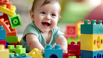 Happy baby crawling and playing with colorful building blocks in a bright, cheerful environment