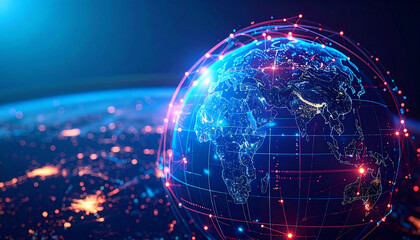 Fototapeta premium Digital Globe: A mesmerizing digital rendering of Earth, showcasing a network of interconnected lines and points of light, symbolizing global connectivity and technological advancement.