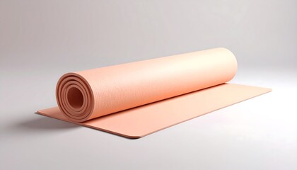 Rolled-up peach yoga mat on a light background