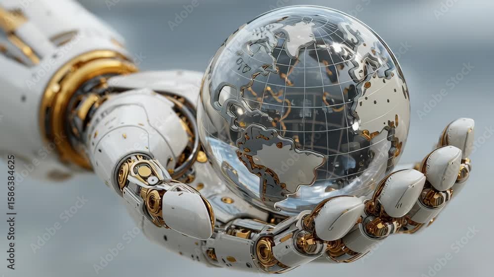 Poster futuristic robotic hand gripping transparent globe symbol of technology, innovation, and modern desi