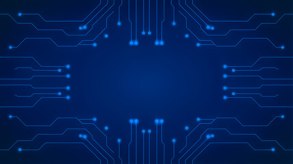 Thin circuit trace lines in blue on a dark technology background. Abstract digital tech bg. Electronics and computer technology concept. Chip and circuit board. 