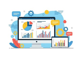 Digital analytics and data visualization on computer screens isolated on white background