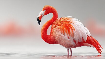   A flamingo stands on a body of water with its head turned to the side