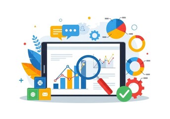 Digital analytics and data visualization on a tablet isolated on white background