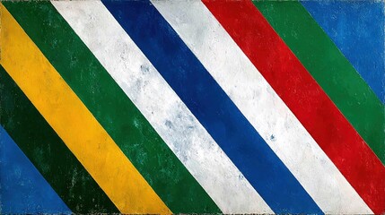   A canvas with vibrant bands of various colors against a white, blue, green, yellow, red, and white backdrop
