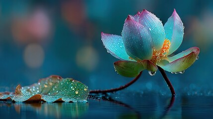   Blue water lily with water droplets on its petals and a green leaf floating on the water